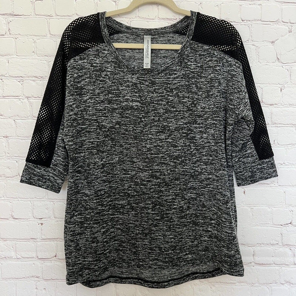 Lorna Jane Women's Ananda Black Gray 3/4 Mesh Sleeve Scoop Neck Top - Medium